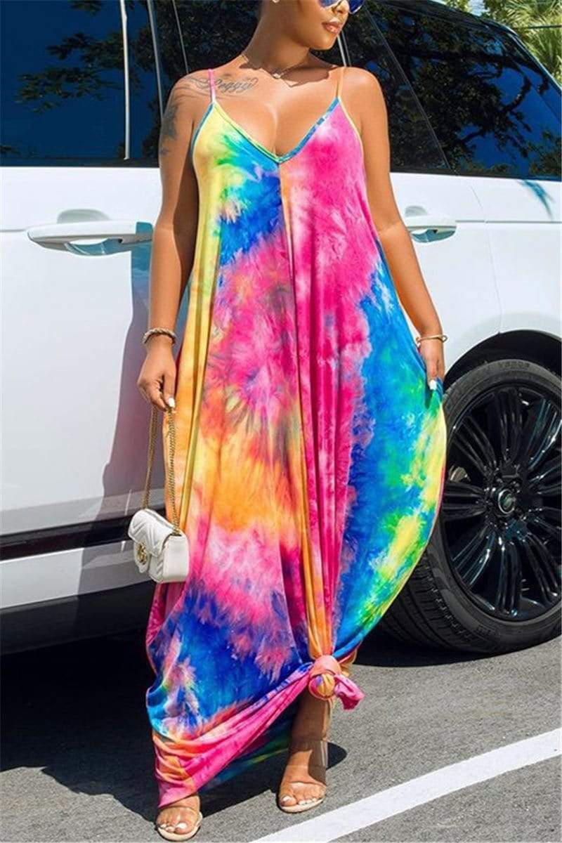 Fashion Sexy Trailing Print Tie Dye Dress