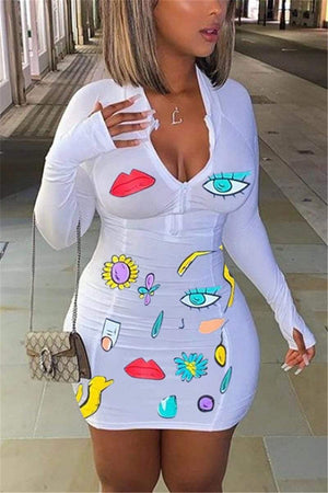 Sexy V Neck Skinny Print Mini Dress