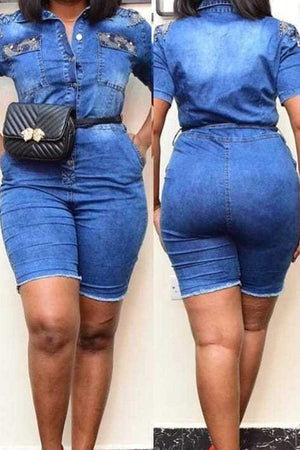 Fashion Turndown Collar Plus Size Denim Romper