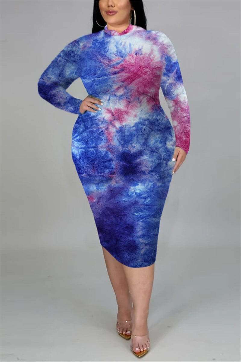 Fashion Plus Size Slim Tie Dye Dress