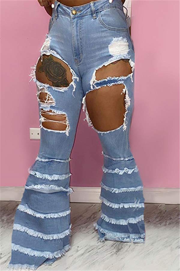 Fashion Solid Broken Hole Flared Jeans