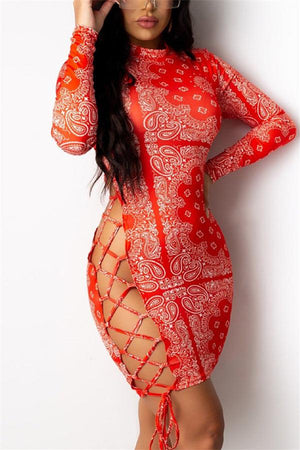 Sexy Lace-up Print Mini Dress
