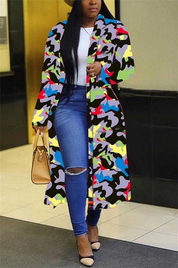 Casual Turndown Collar Long Sleeve Print Coat