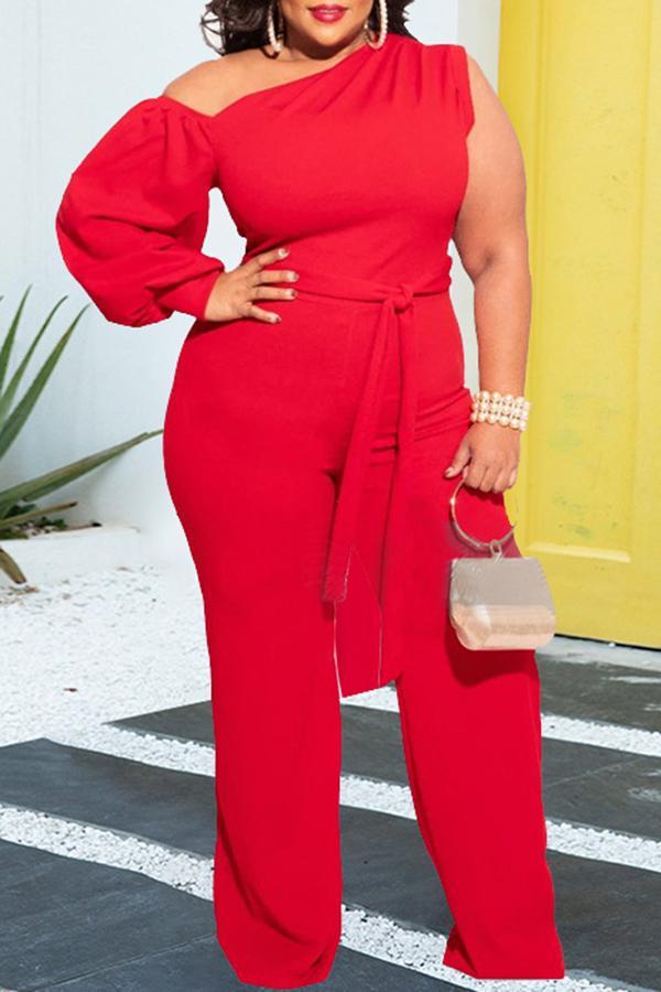 Plus Size Asymmetrical One-shoulder Wide-leg Jumpsuit (With Belt)