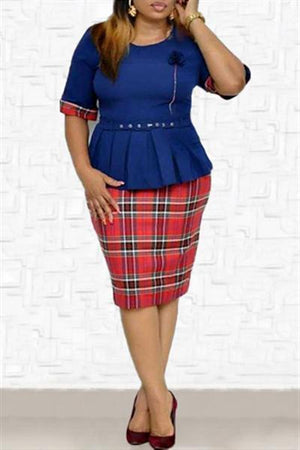 Plus Size Pacthwork Plaid Dress(with belt)