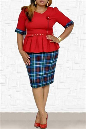 Plus Size Pacthwork Plaid Dress(with belt)