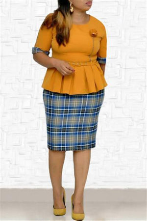 Plus Size Pacthwork Plaid Dress(with belt)