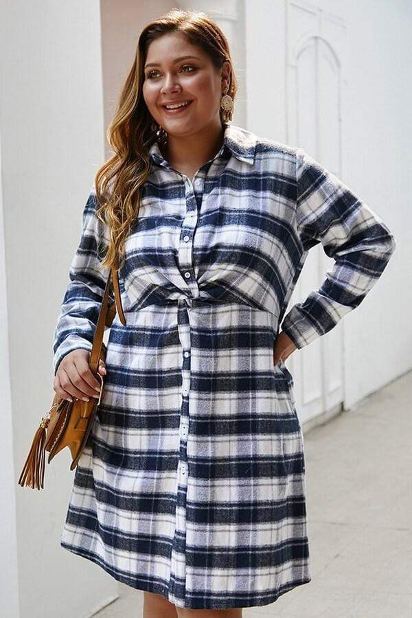 Plus Plaid Twist Front Shirt Dress