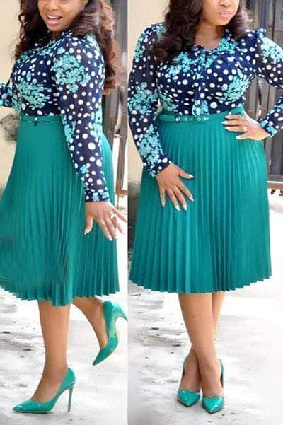 Print Long Sleeve Pleated Dress With Belt