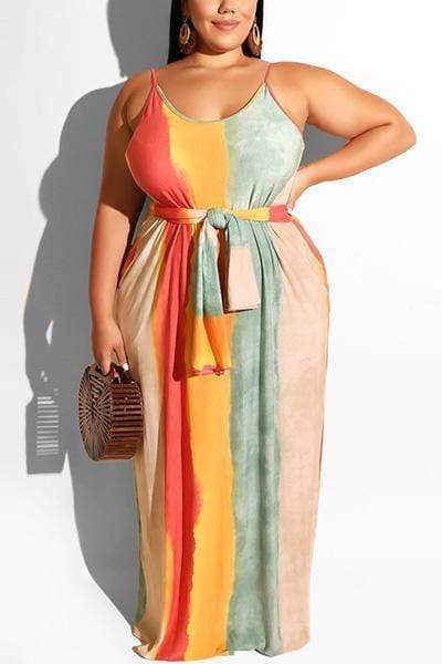 Printed Striped Lace-Up Maxi Dress