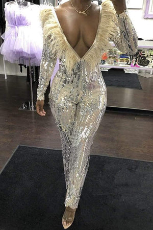 Sexy Sequin Deep-V Backless Jumpsuit