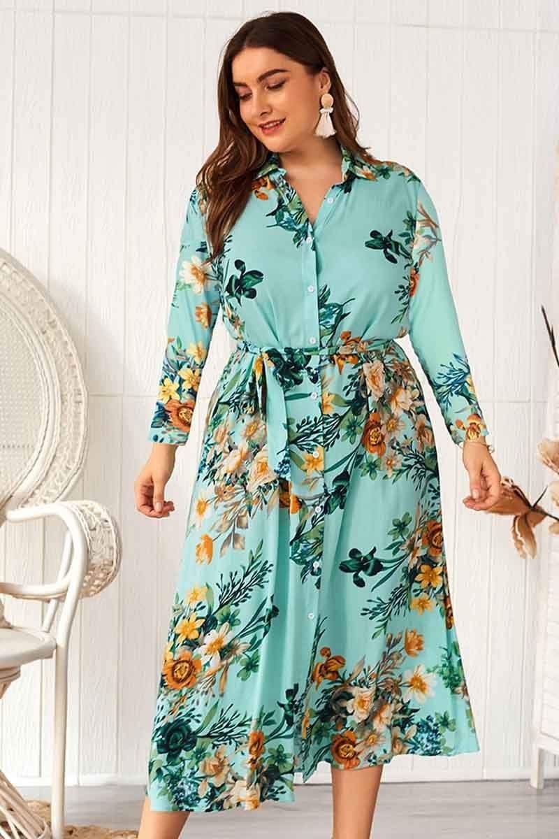 Stylish Plus Size Printed Shirt Dress