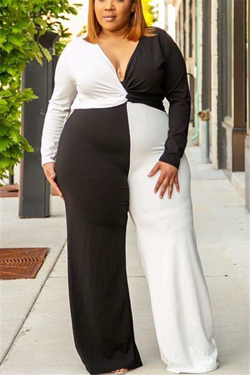 Splicing V-Neck  Black And White Jumpsuit