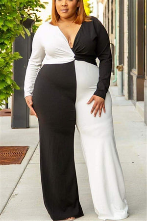 Splicing V-Neck  Black And White Jumpsuit