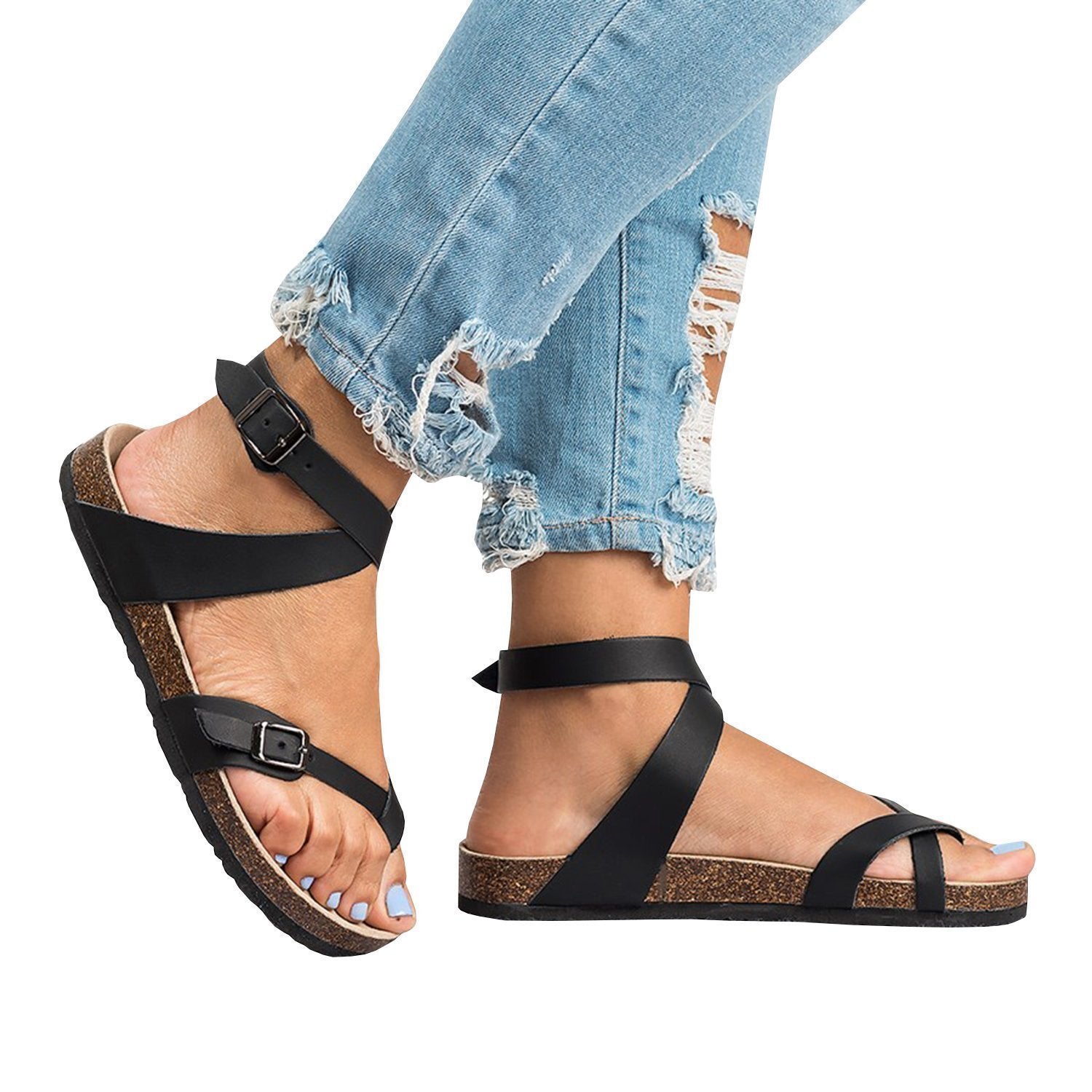 Roman Sandals Buckle Peep-toe Flats