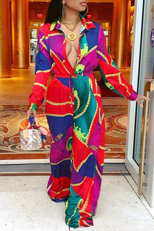 Casual Multicolor Print Long Sleeve Jumpsuit