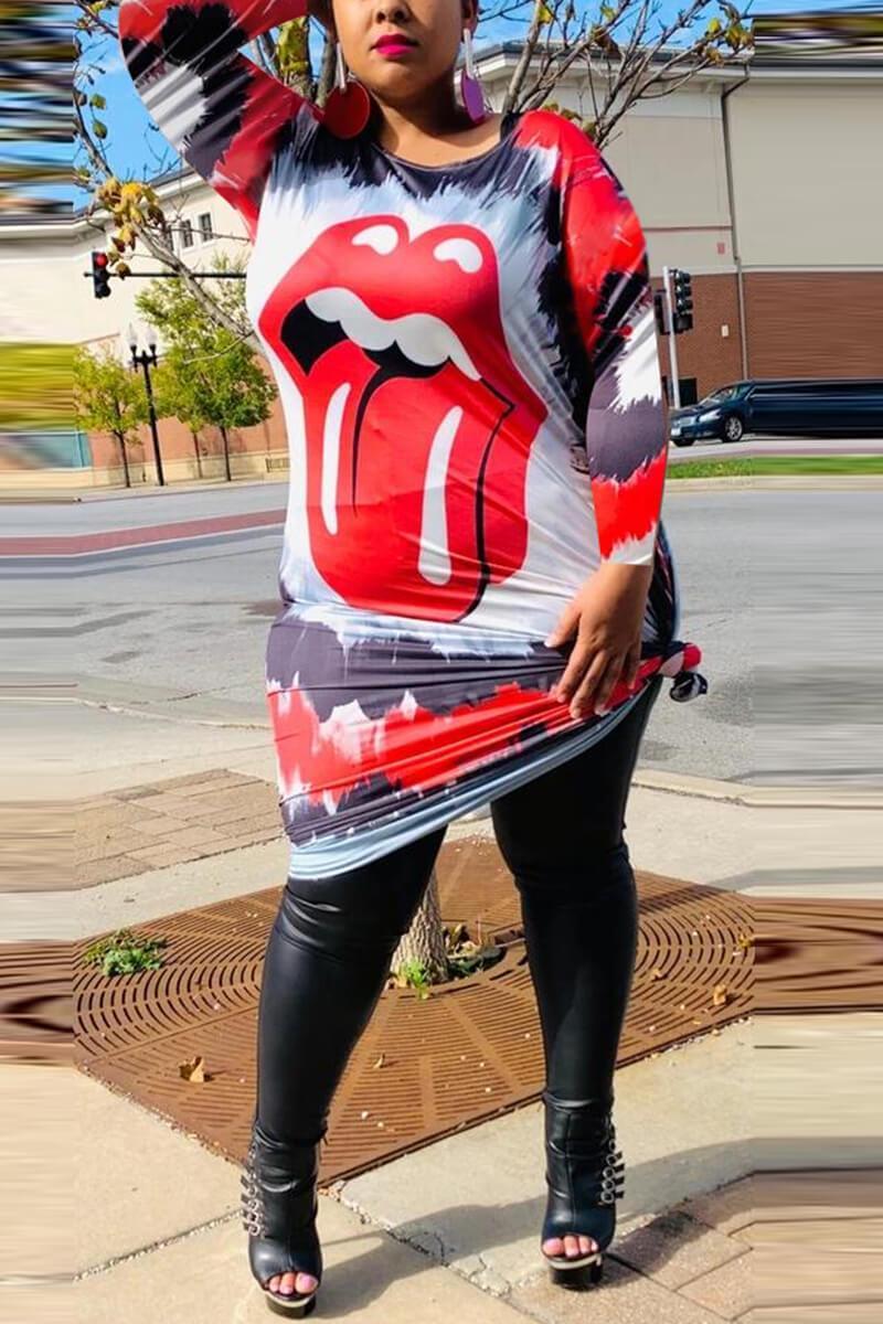 Fashion Lips Print Red Long Sleeve Dress