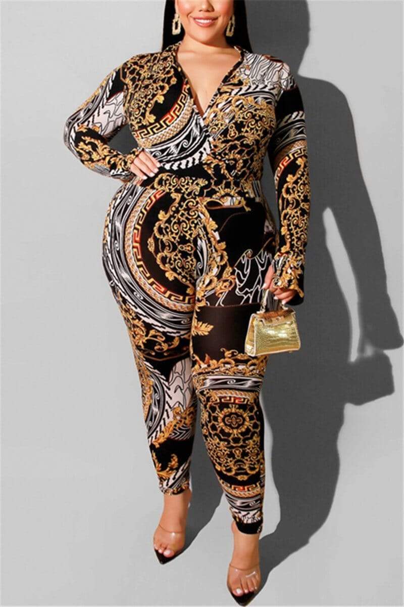 Sexy Deep V Long Sleeve Print Jumpsuit