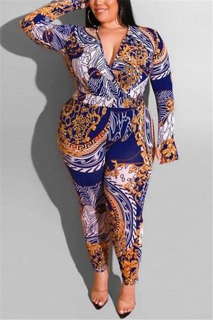 Sexy Deep V Long Sleeve Print Jumpsuit