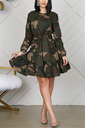 Casual Printed Camouflage Long Sleeve Dress