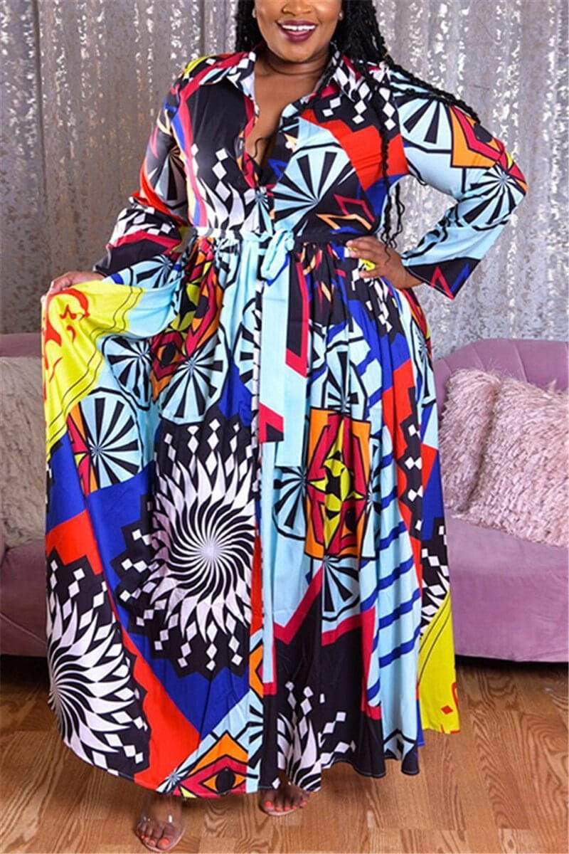 Fashion Digital Print Long Dress (With Belt)