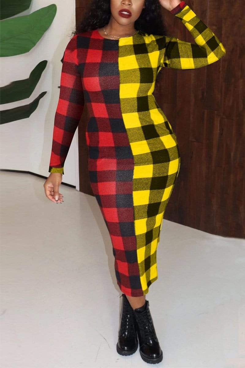 Casual Plaid Print Long Sleeve Dress