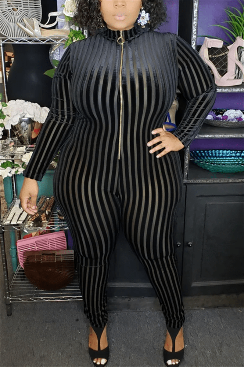 Fashion Mesh Striped Zipper Jumpsuit