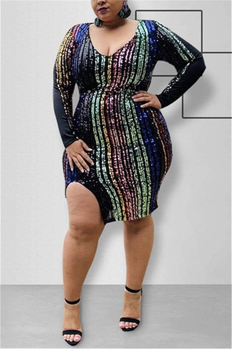 Fashion Sequin Multicolor Long Sleeve Dress