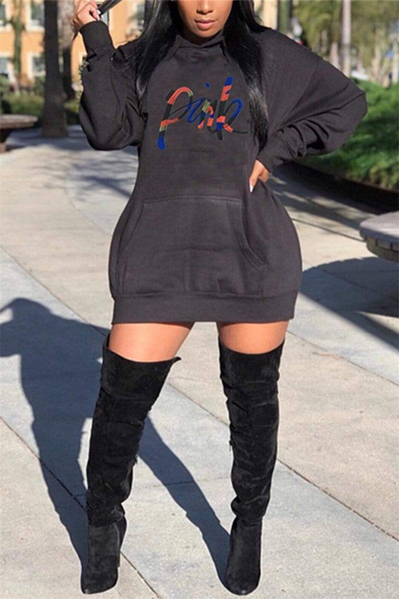 Fashion Casual Embroidered Letter Hooded Dress