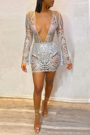 Sexy Sequin V-Neck Perspective  Dress