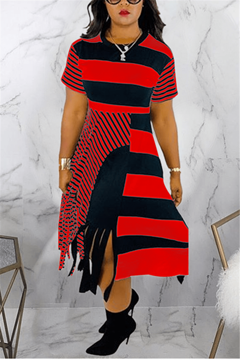 Fashion Print Striped Tassel Dress