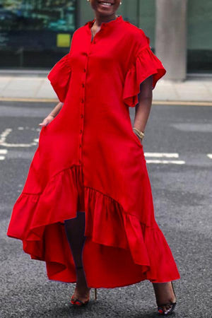 Commuter Solid Color Irregular Ruffled Maxi Dress