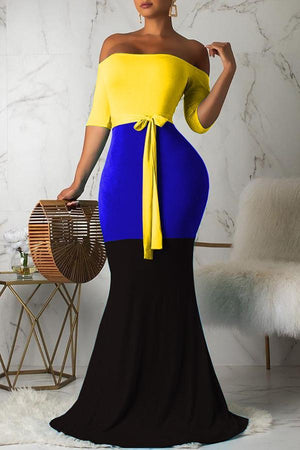 Fashion Gradient Color Block Stitching Fishtail Maxi Dress