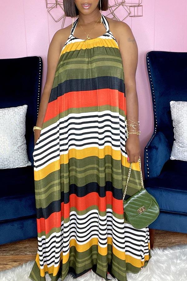 Printed A-line Loose Halterneck Maxi Dress