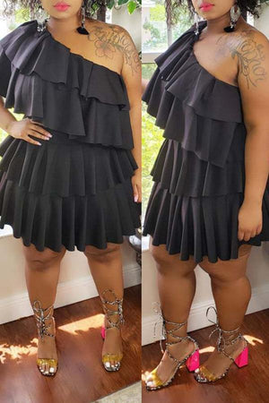 Ruffle Pleated One Shoulder Plus Size Mini Dress