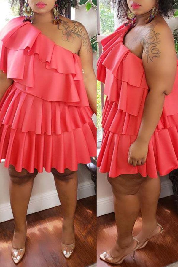 Ruffle Pleated One Shoulder Plus Size Mini Dress