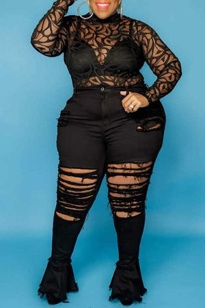 Fashion Plus Size High Rise Ripped Flared Jeans