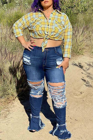 Fashion Plus Size High Rise Ripped Flared Jeans