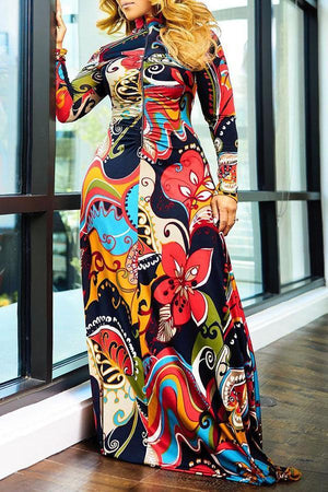 Sexy Print Turtleneck Long Sleeve Maxi Dress