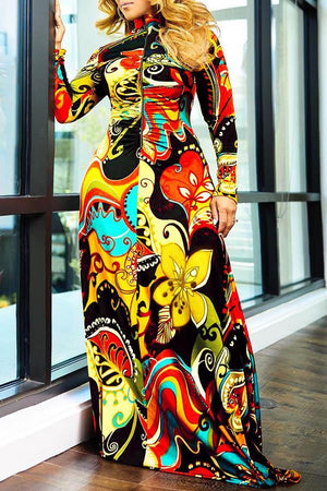 Sexy Print Turtleneck Long Sleeve Maxi Dress