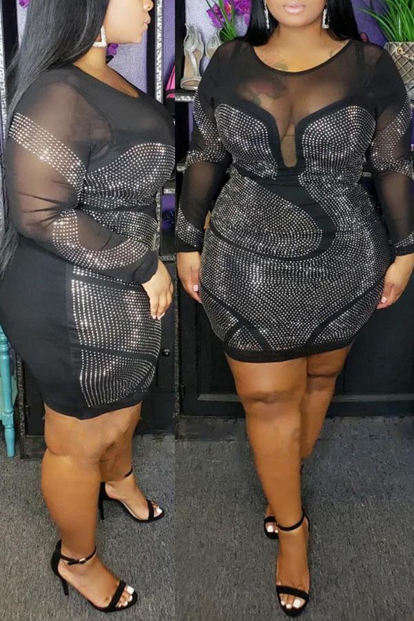 Sexy Plus Size See Through Hot Diamond Round Neck Mini Dress