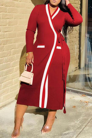 Fashion Color Stitching Long Sleeved Knitted Maxi Dress