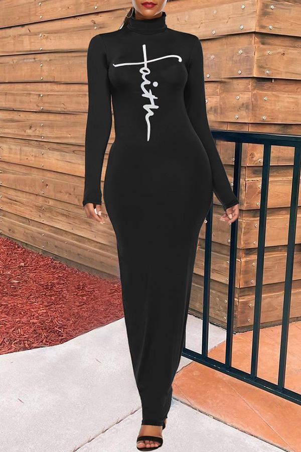 Slim Fit High Neck Printed Long Sleeved Maxi Dress