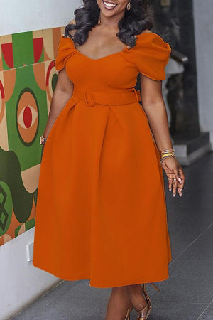Fashion V-neck Pleated Sleeve Belt Maxi Dress