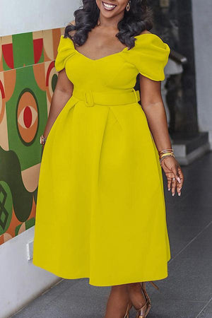 Fashion V-neck Pleated Sleeve Belt Maxi Dress