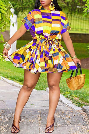 Plus Size Colorful Plaid Tie Waist Dress