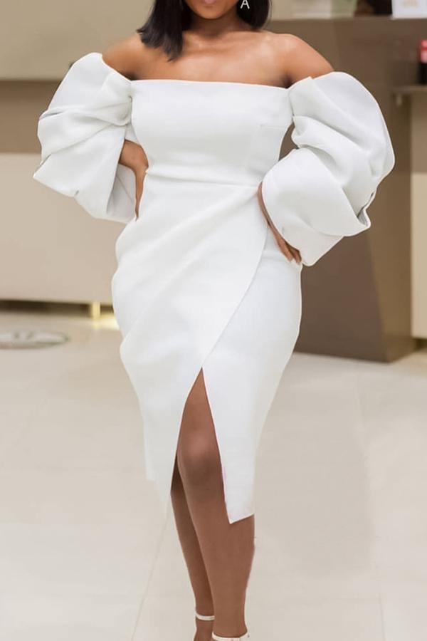 Off Shoulder Puff Sleeve Slit Plus Size Dress