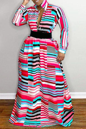 Irregular Geometric Shirt Collar Plus Size Maxi Dress( Without belt)