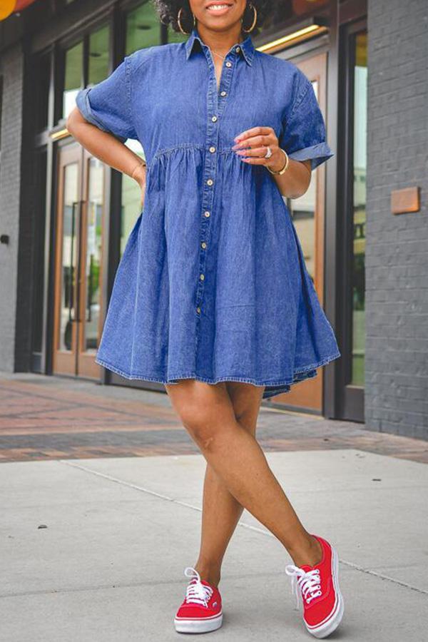 Denim Shirt Collar Short Sleeve Button Down Dress