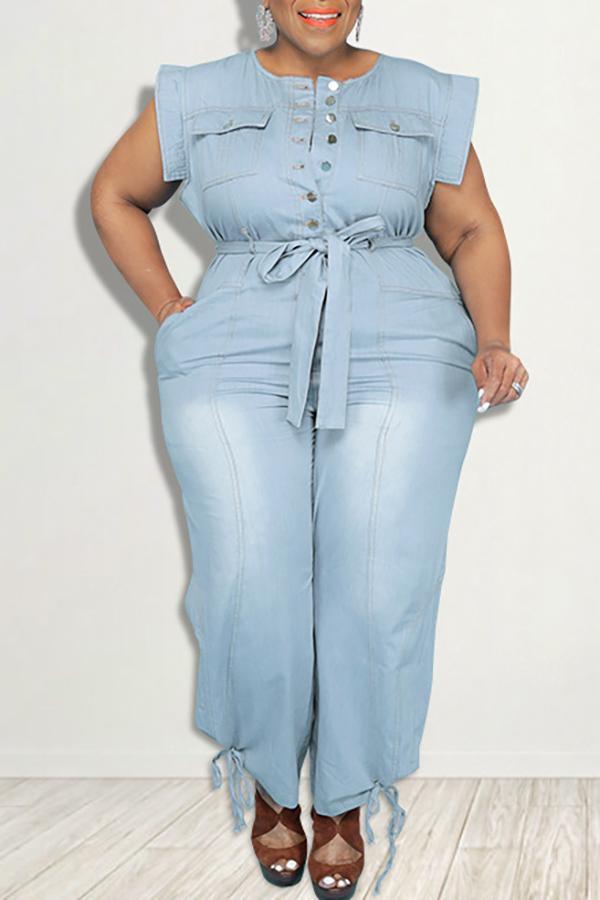 Fashion Plus Size Washed Denim Belt Jumpsuit